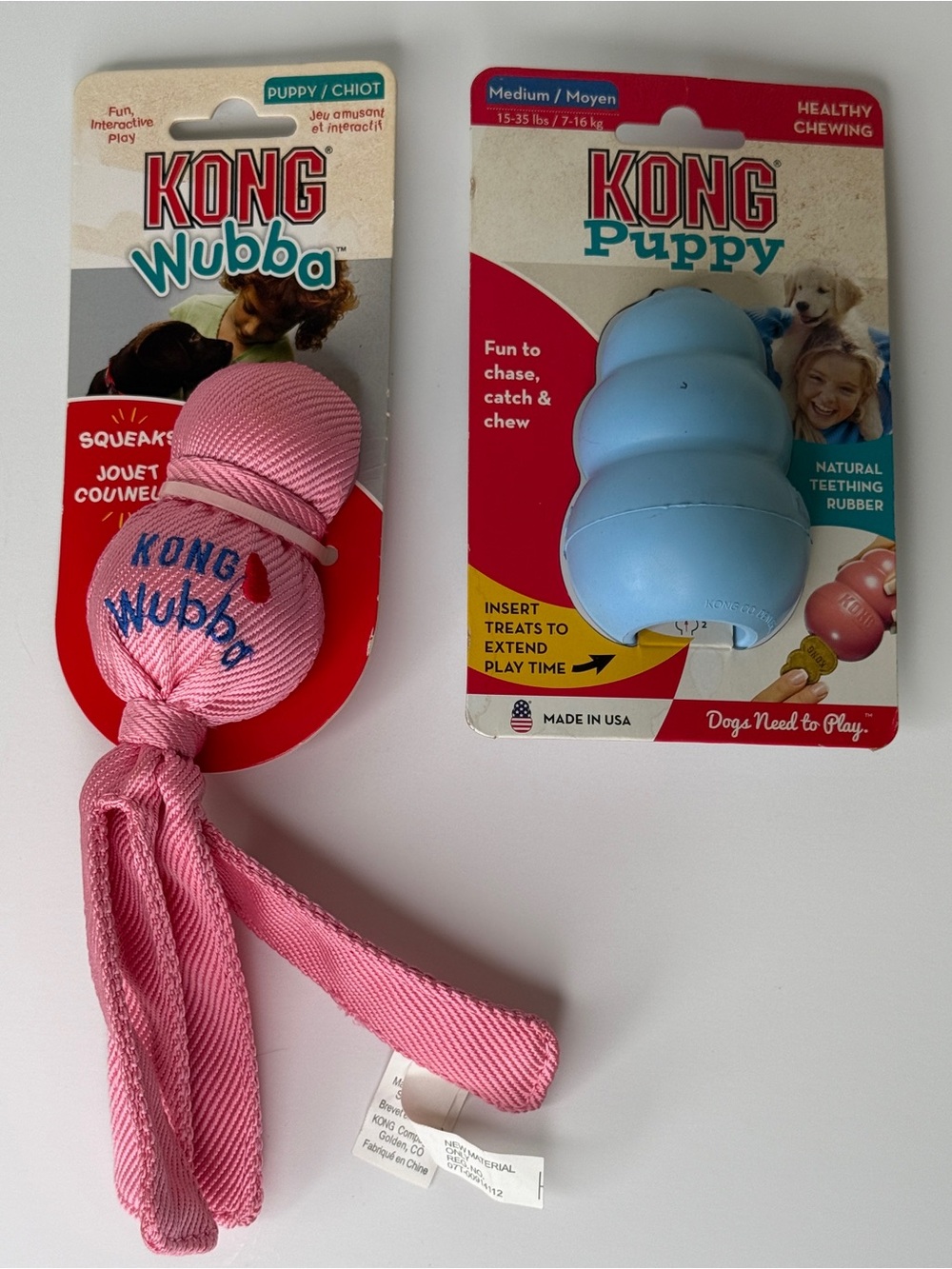KONG Wubba & KONG Puppy Toy Bundle - Pink & Light Blue